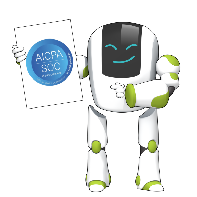 Vault-E Roobot holding SOC 2 sign